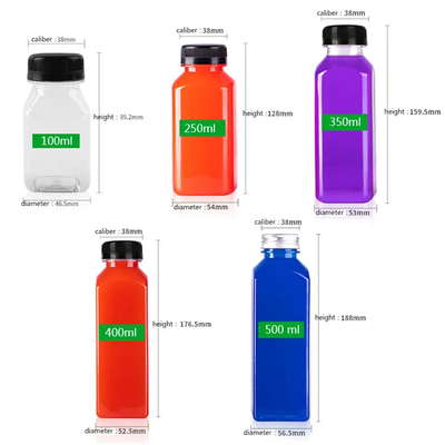 निःशुल्क नमूना वर्ग खाली प्लास्टिक की बोतल 350ml पालतू जूस की बोतल चांदी के ढक्कन के साथ दूध की बोतल