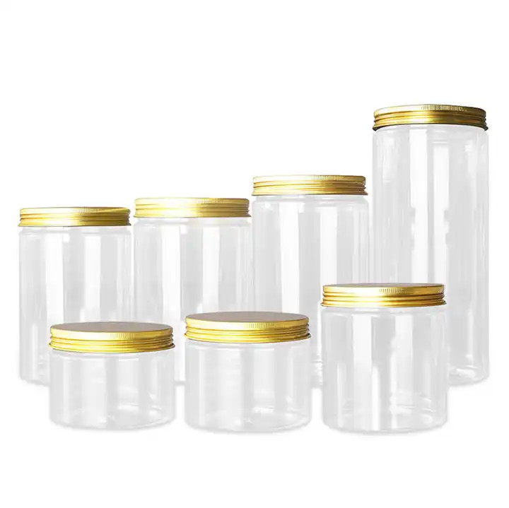 पीईटी प्लास्टिक जार 1oz 2oz 4oz 6oz 8oz 12oz 16oz एल्यूमीनियम ढक्कन के साथ स्पष्ट चौड़े मुंह प्लास्टिक जार